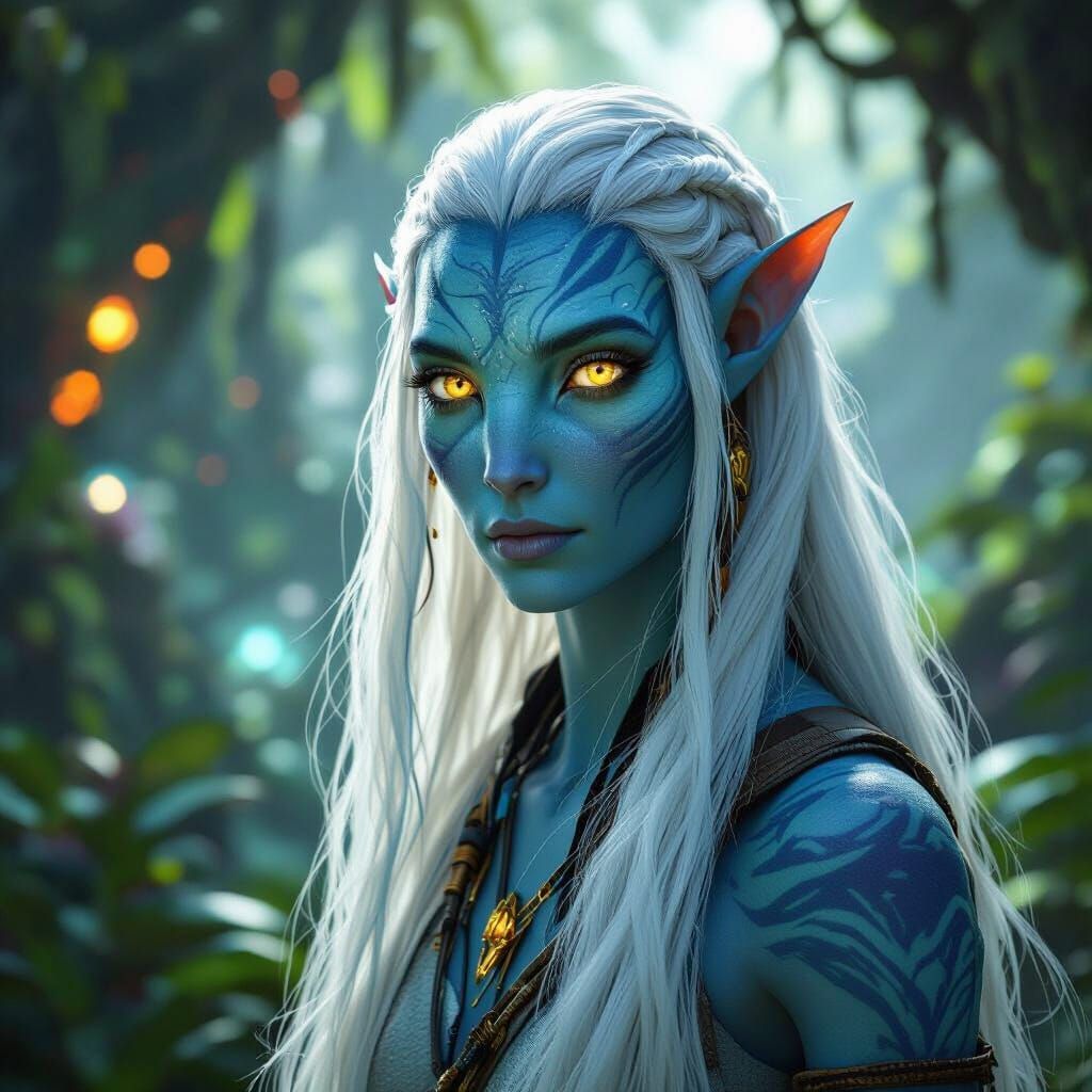 Na'vi Female with White Hair on Bioluminescent Pandora