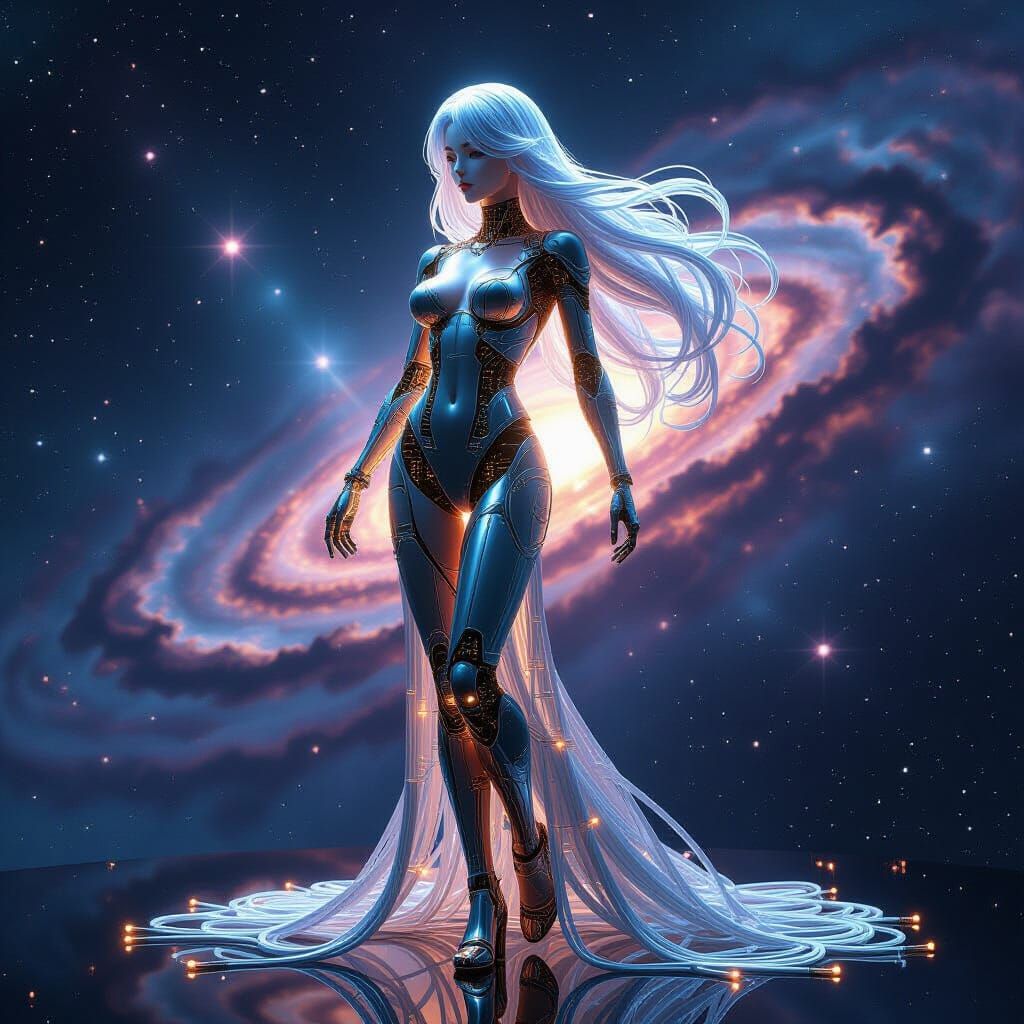 Metallic Goddess Sculpture in Cosmic Setting