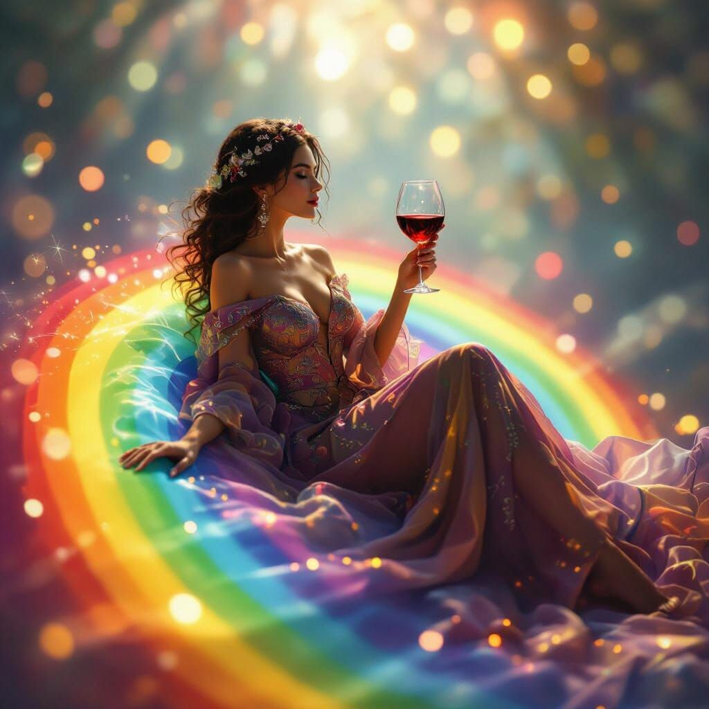 Person on Rainbow with Wine, Magical Realism Style