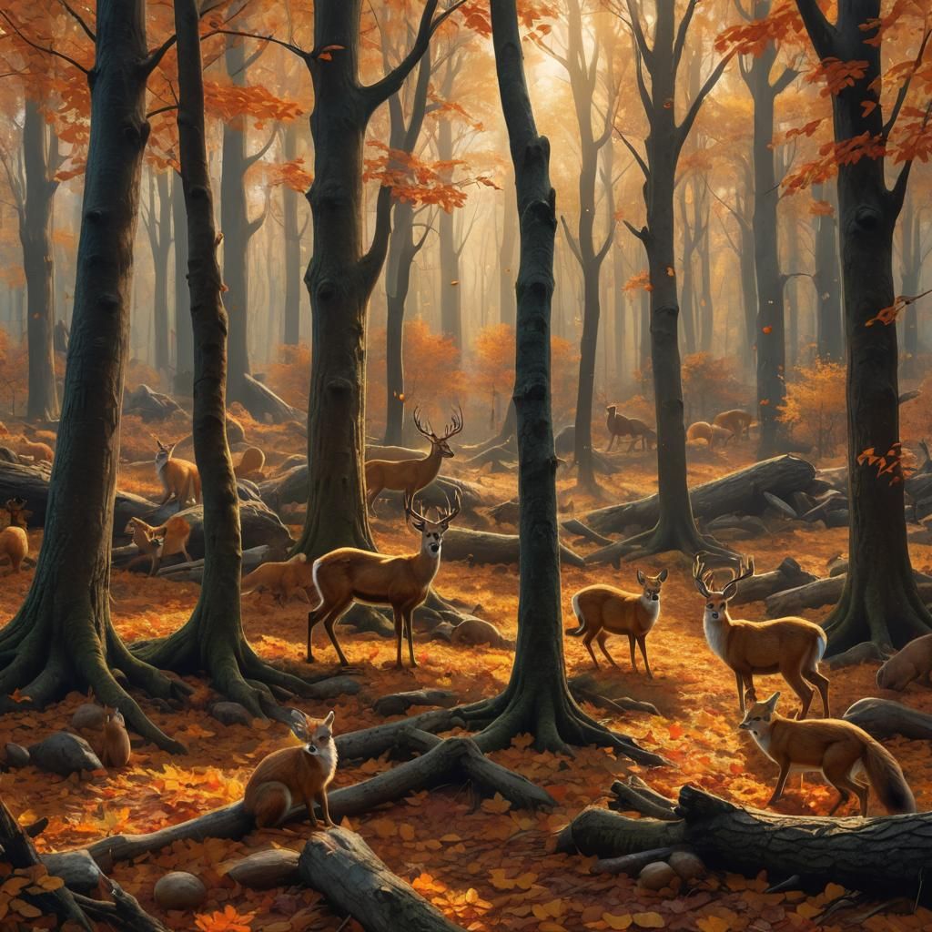 Autumn Animals in Forest Matte Painting