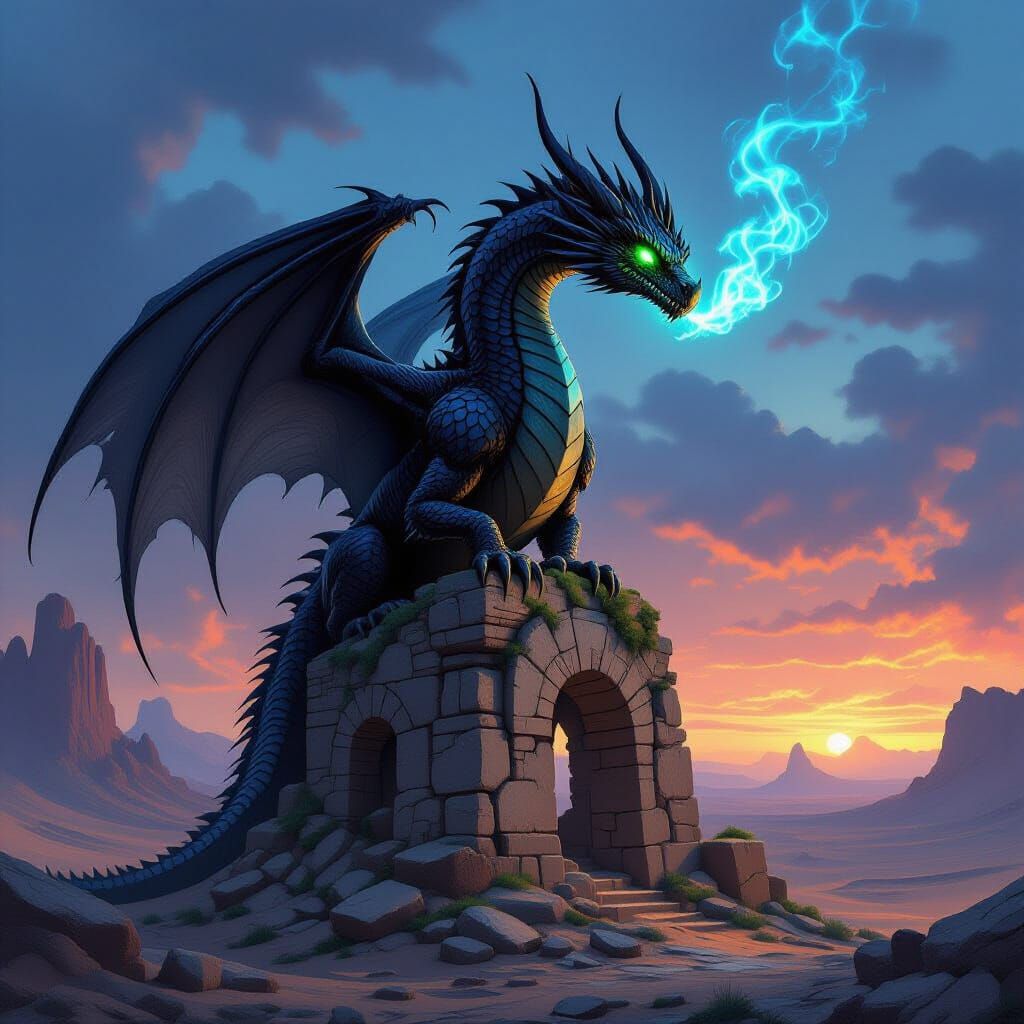 Black Dragon on Ancient Ruin in Post-Apocalyptic Desert
