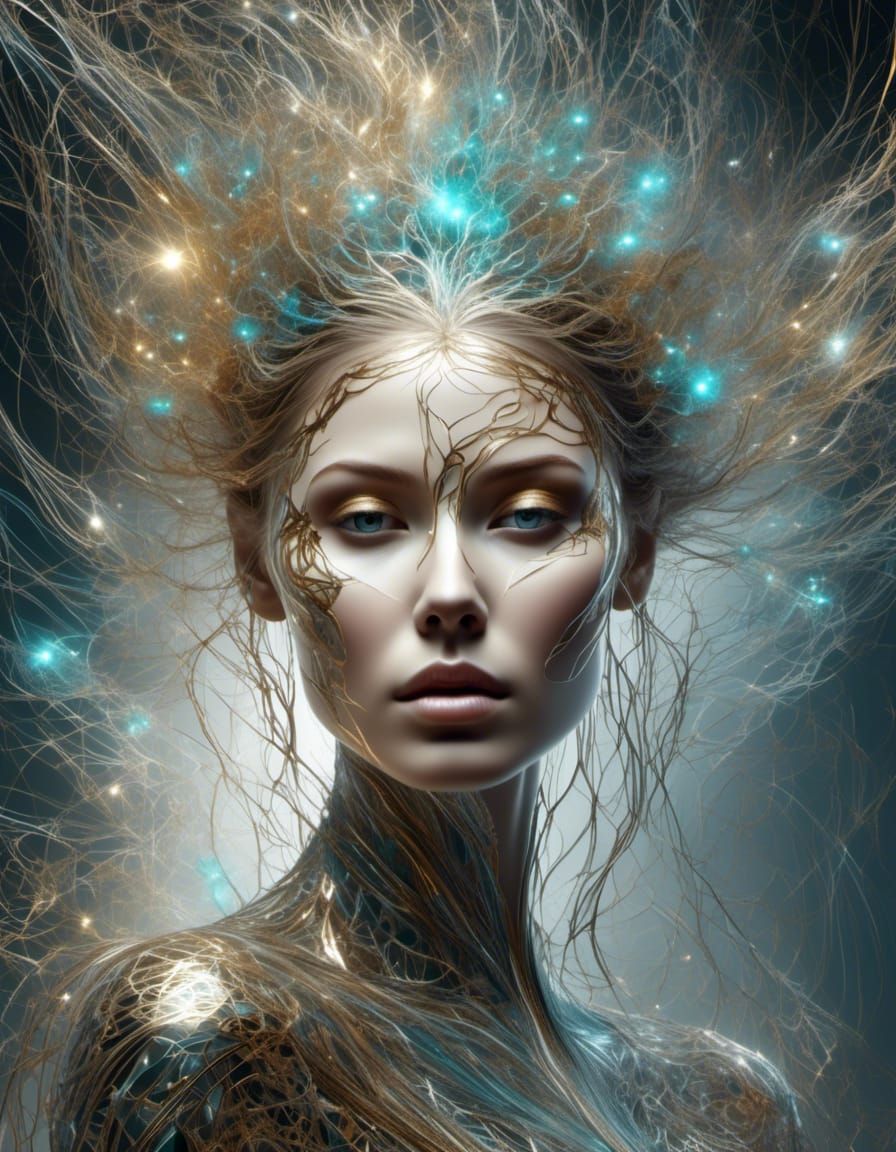 Iridescent Thread Woman: Holographic Digital Art