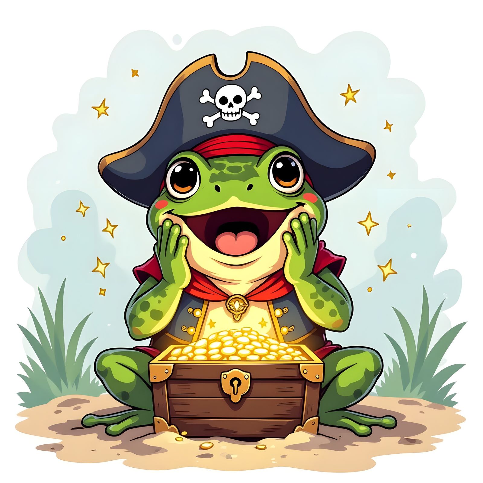 Surprised Pirate Frog Finds Treasure, Watercolor Cartoon