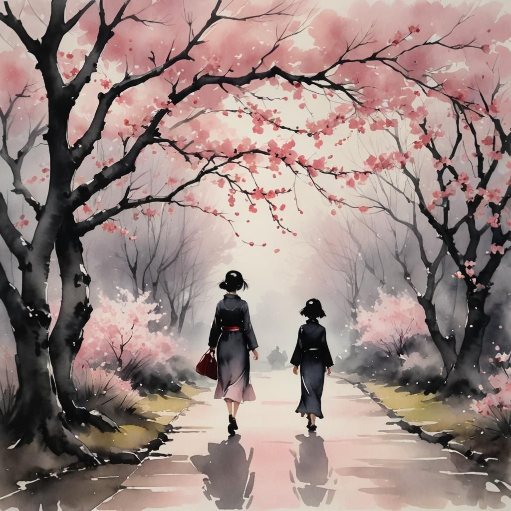 Sumi-e Woman Under Cherry Blossoms at Twilight
