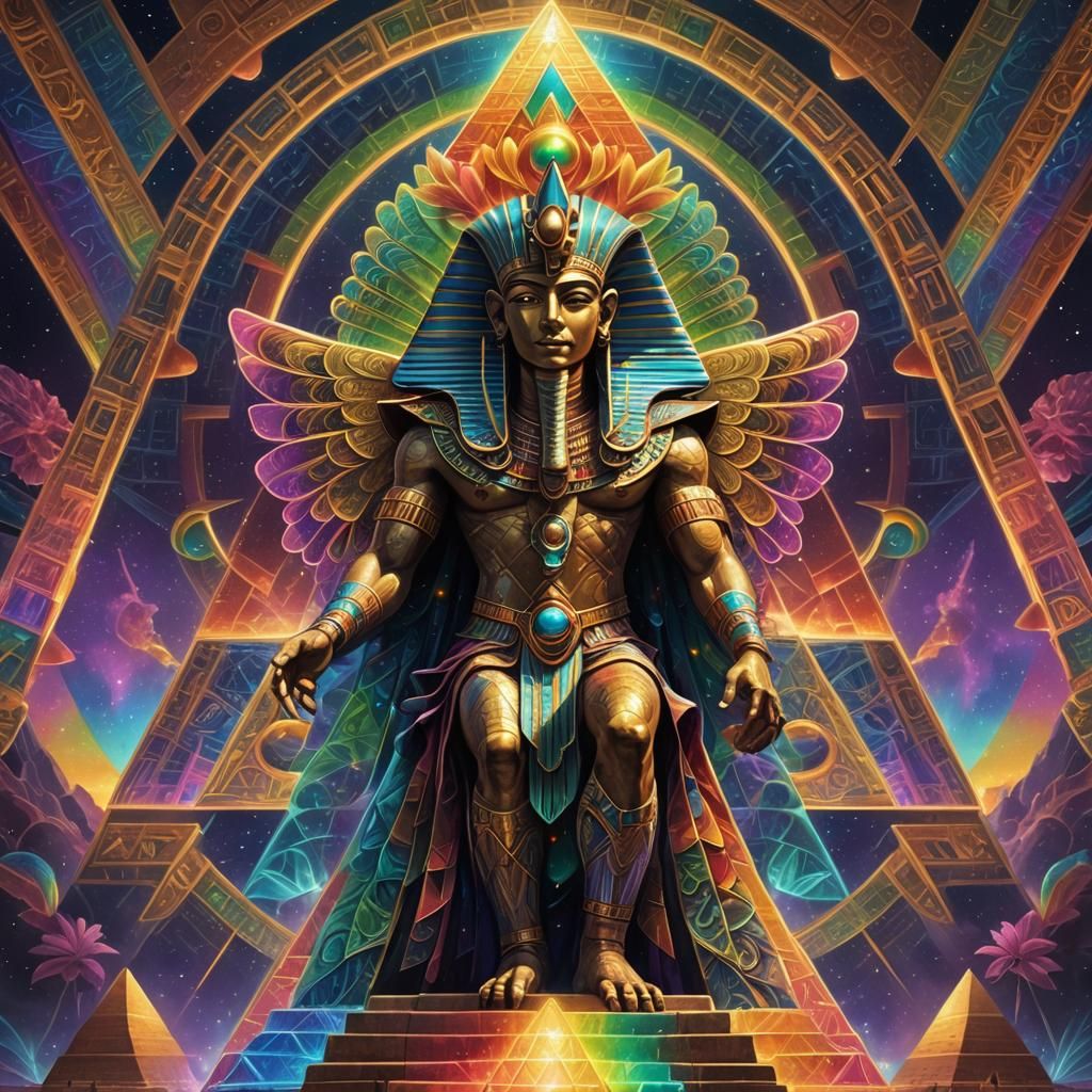 Radiant Pharaoh Embraces Pyramid in DMT Art