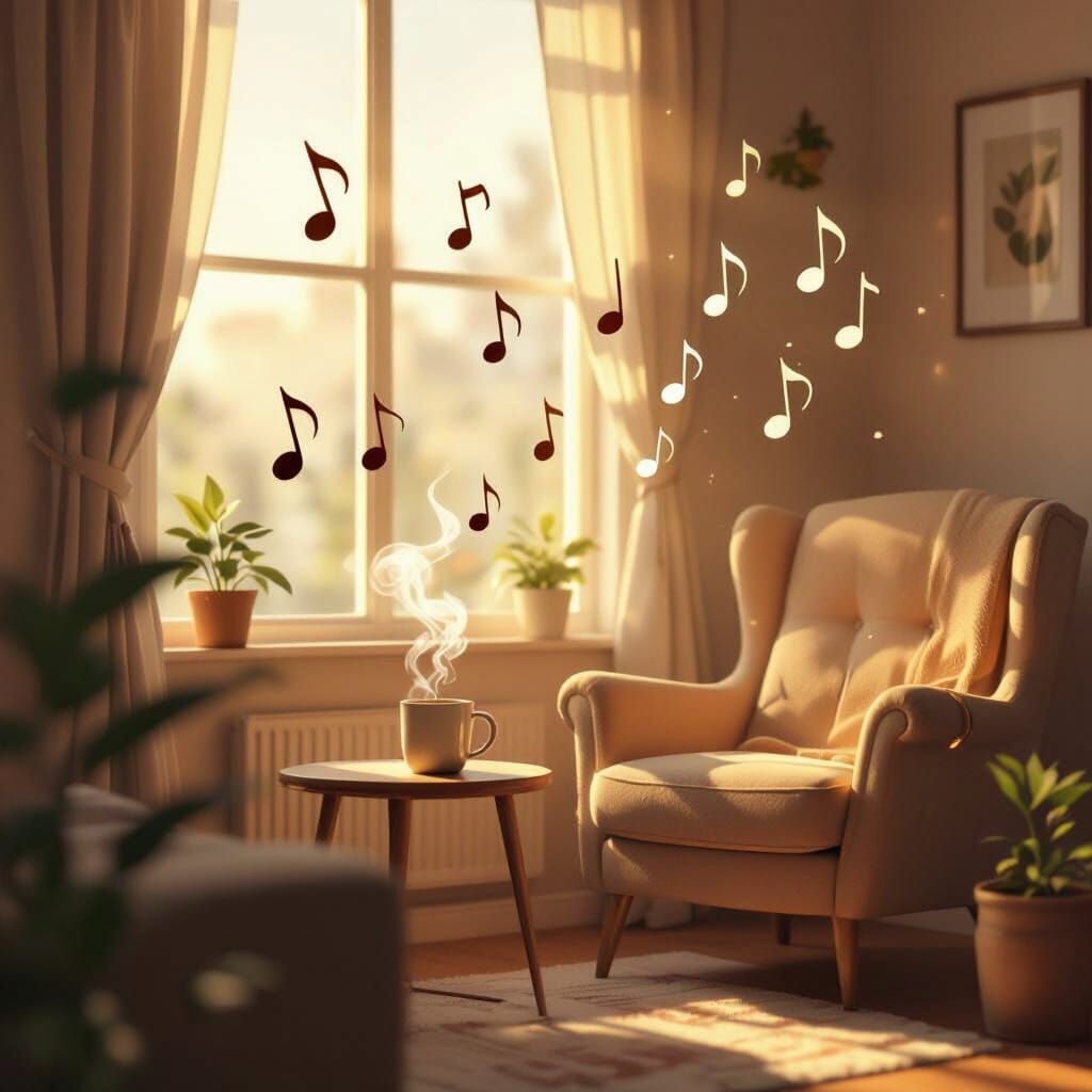 Cozy Sun-Drenched Room with Lo-Fi Music Notes