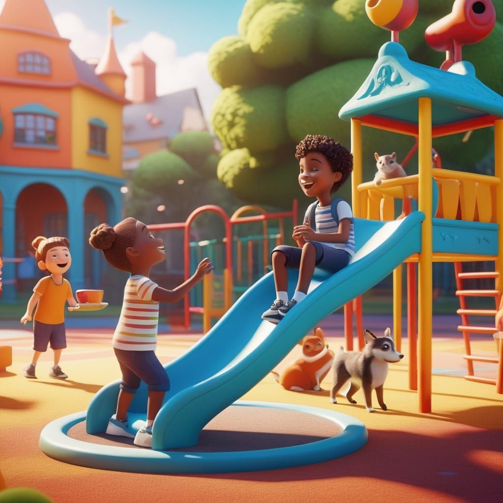 Whimsical Playground Scene in Vibrant Cartoon Style