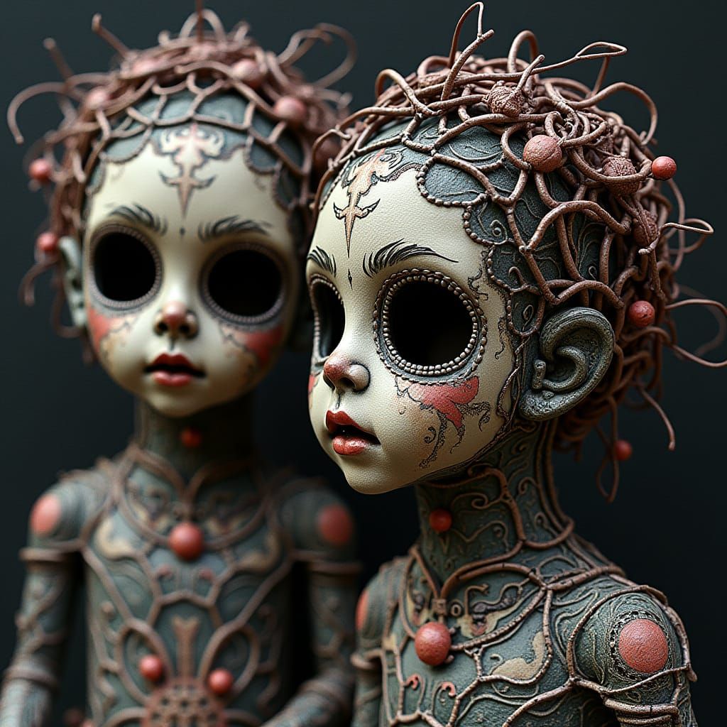 Creepy Ceramic Dolls in Wireframe Fractal Art