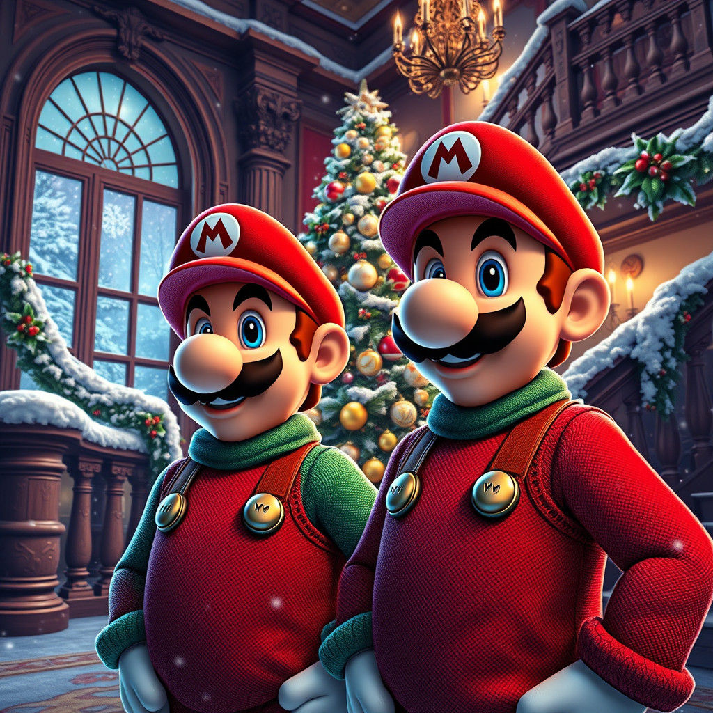 Mario Brothers Christmas Mansion in Hyperrealistic Style