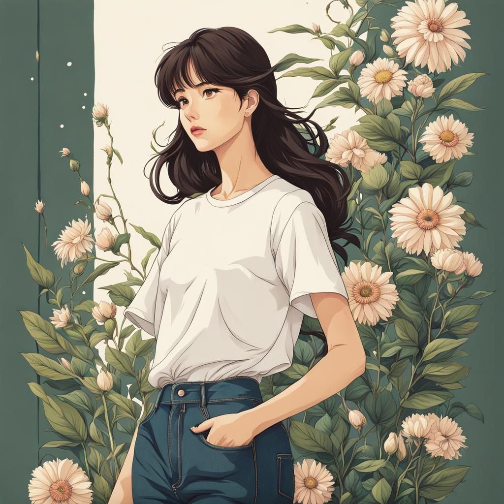 Studio Ghibli Style Portrait of a Woman in Jeans