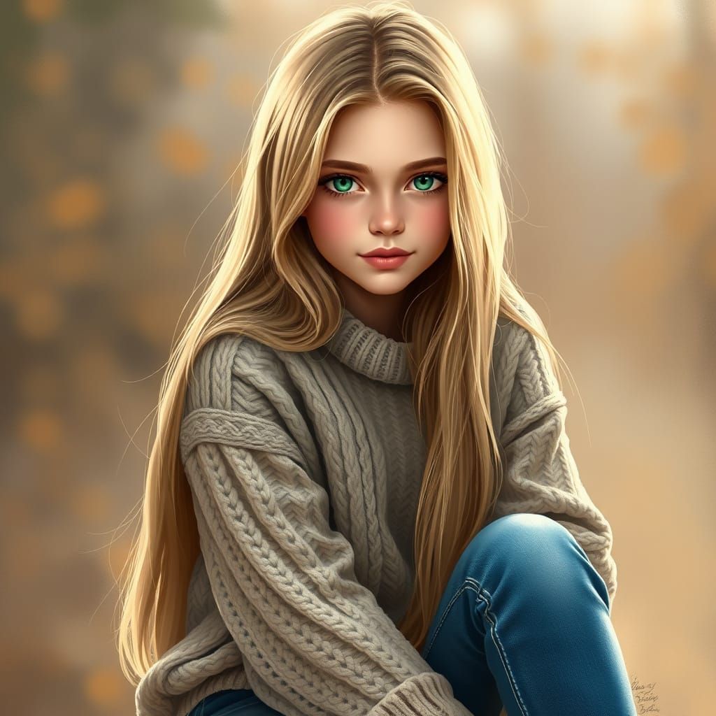 Girl in Cozy Sweater Poses in Serene Digital Painting