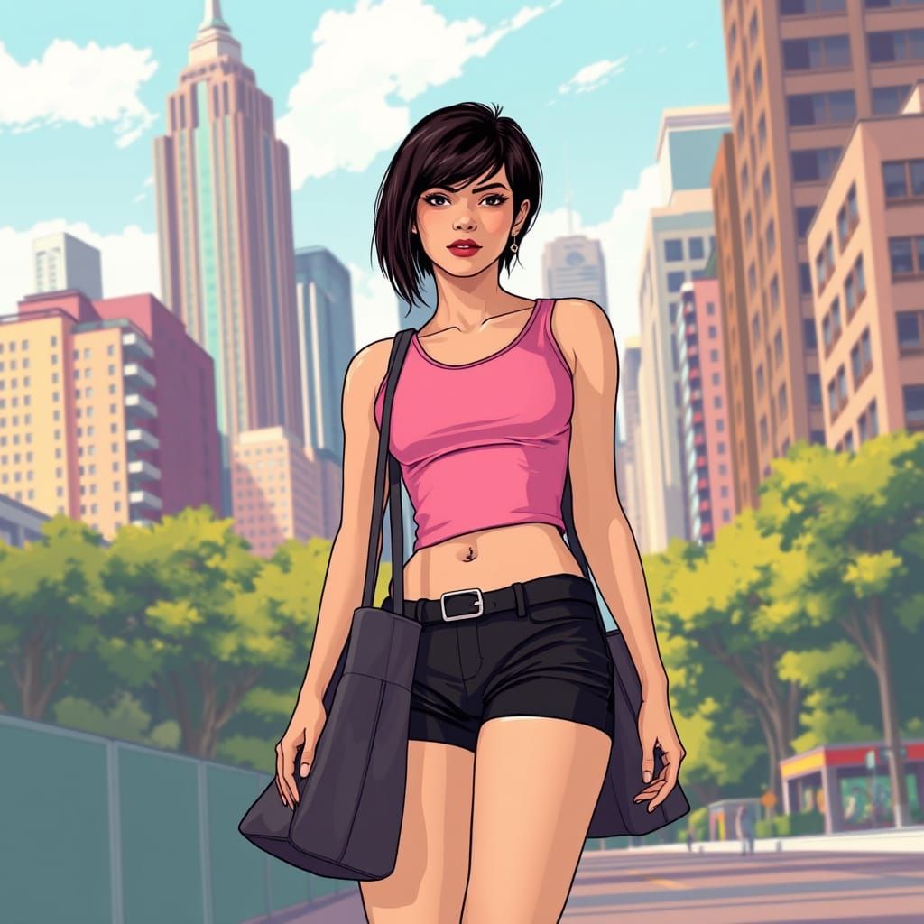 Confident Woman in Vibrant Cityscape: Graphic Novel Style