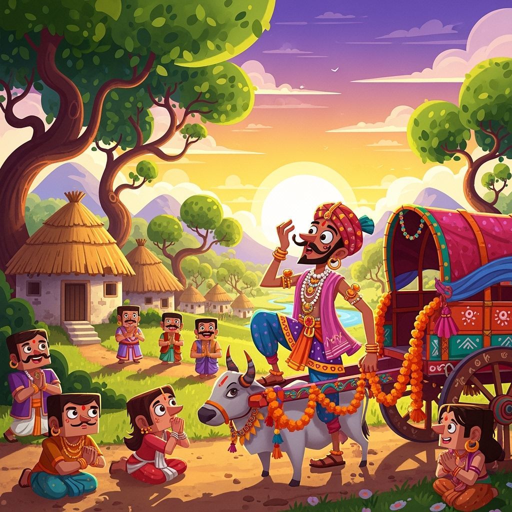 Indian Merchant Arrives in Cartoon Village Landscape