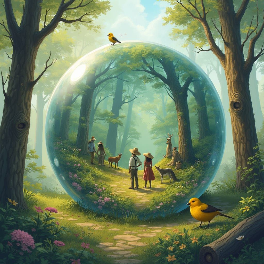 Forest Ecosystem Thrives Inside Bubble, Whimsical Realism