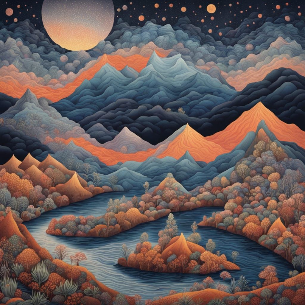 Twilight Mountains with Crescent Moons and Stardust Rivers