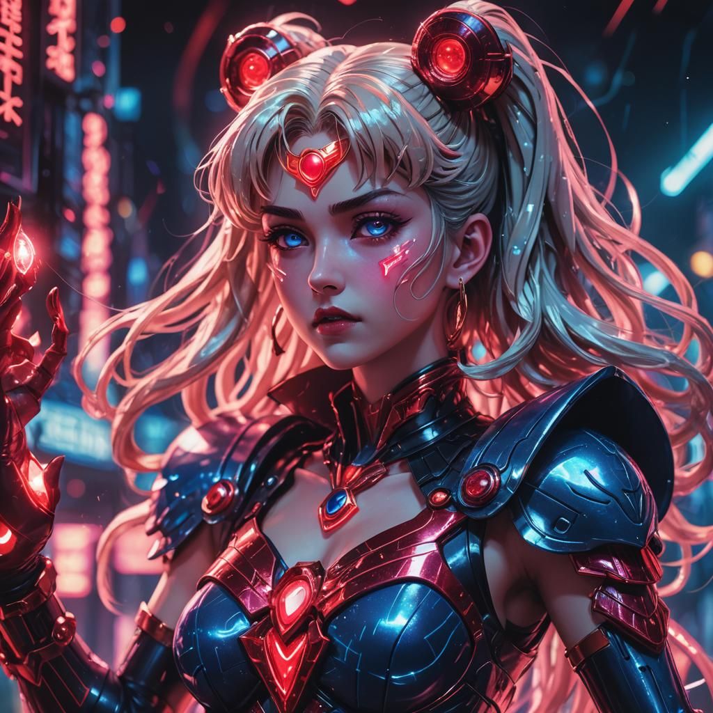 Cyberpunk Sorceress Summons Verdict in Neon Cityscape