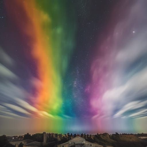 Rainbow and Starry Sky Above Dancing People
