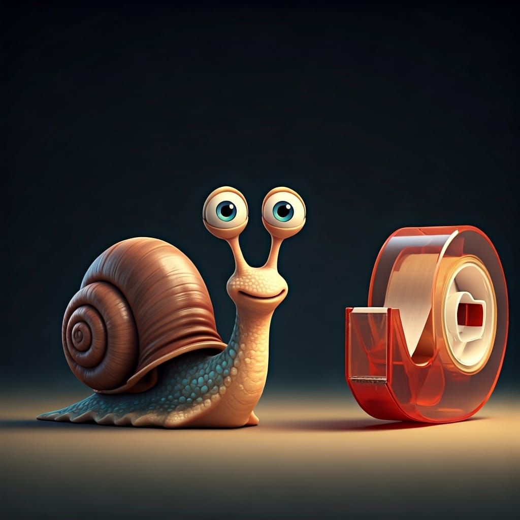 Curious Snail Observes Tape Dispenser in 3D CGI