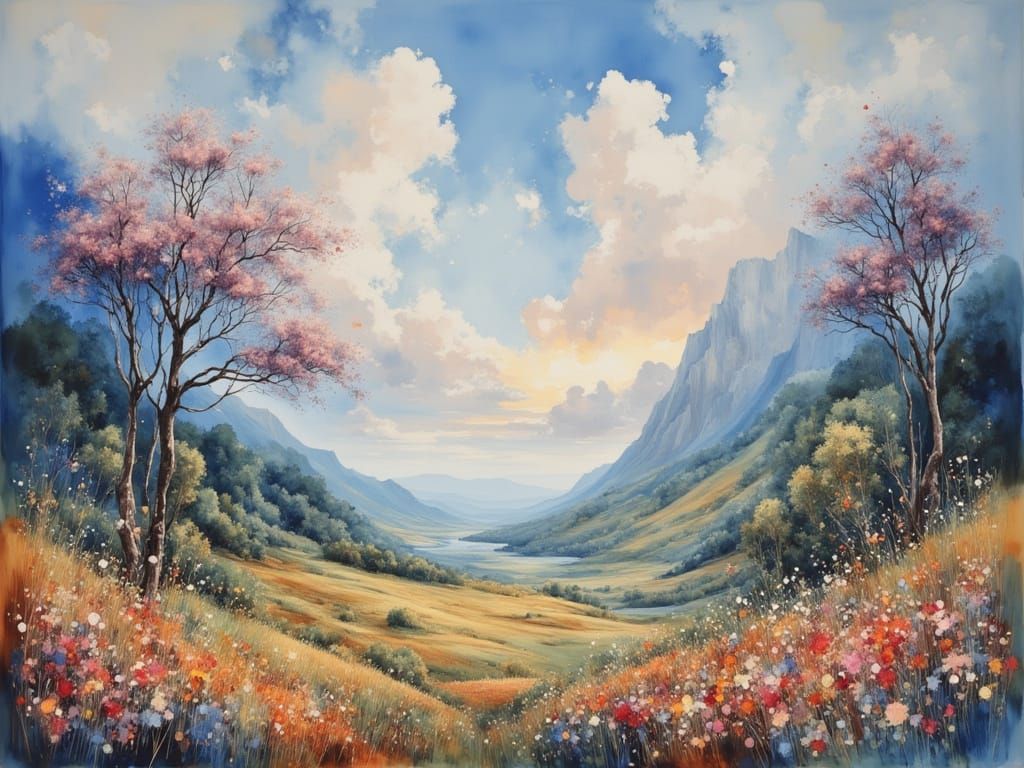 <lora:Ad70s:1.0> <lora:Inkiness 2:1.0> Dreamy landscape that feel far removed from real-world pressure, oil on canvas