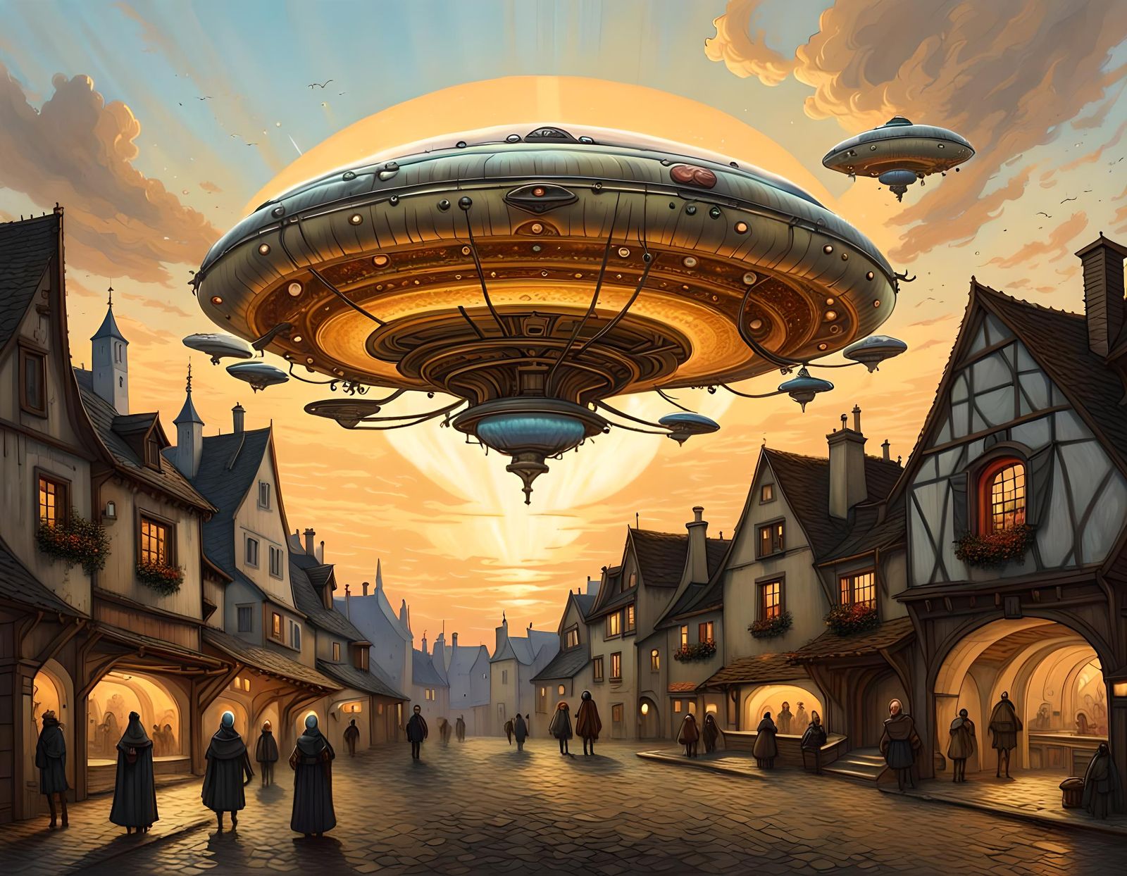 Cyberpunk UFO Lands in Medieval Village at Sunset