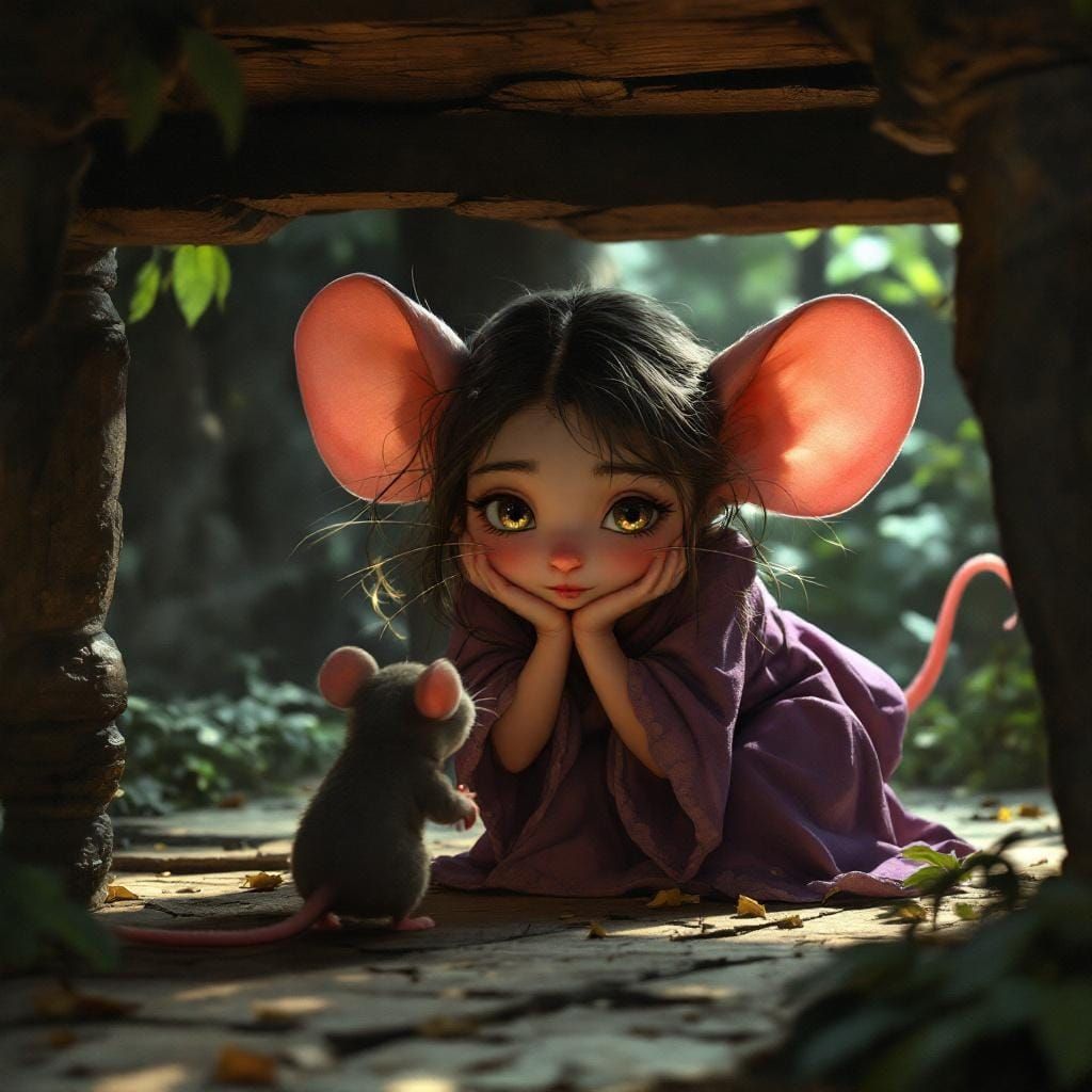 Shy Mouse Girl Hiding From Stranger, Fantasy Matte Painting