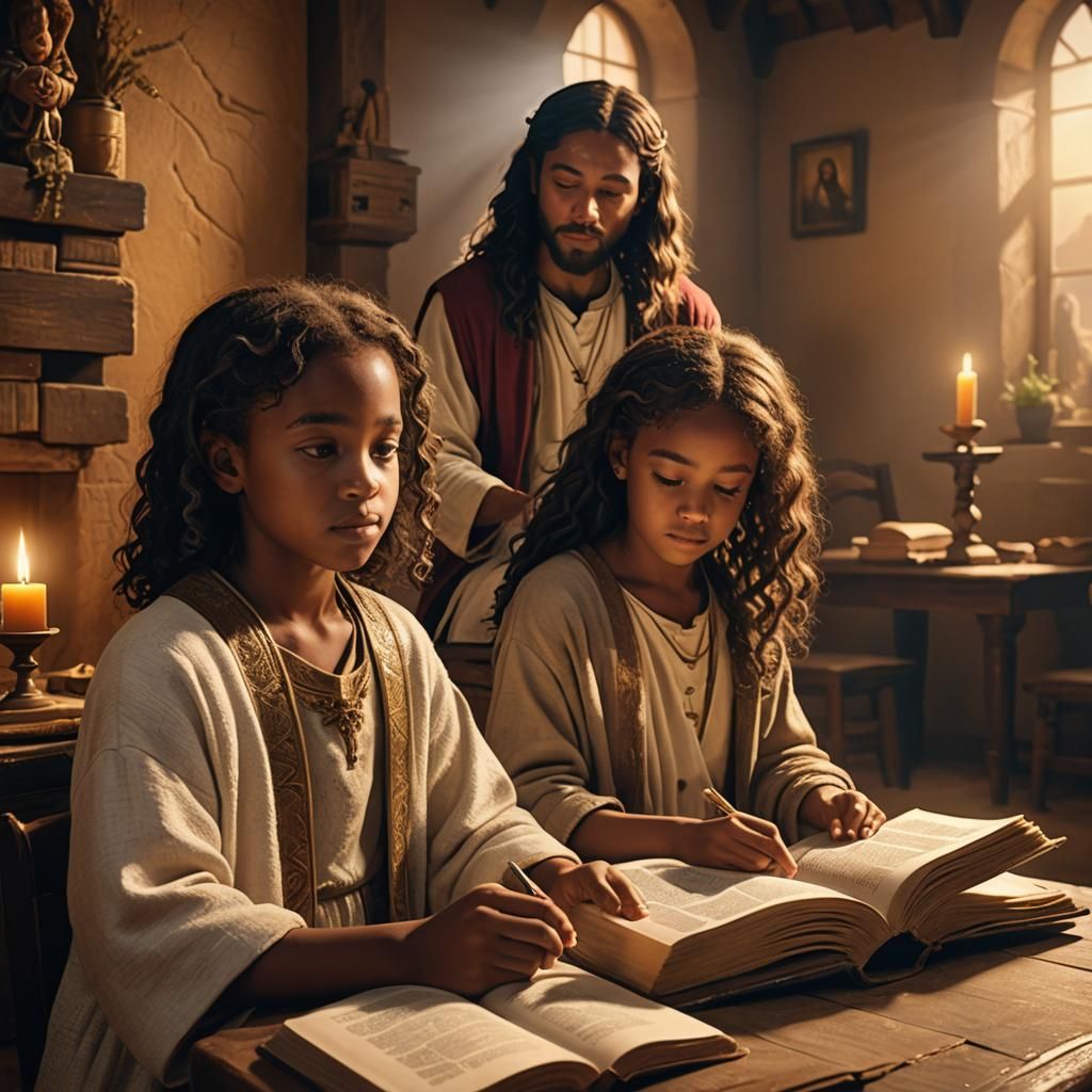 Jesus With Biracial Children Reading Bible as Digital Art
