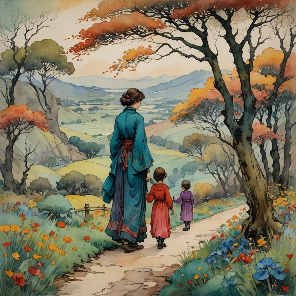 Women and Child Landscape in Watercolor and Ink