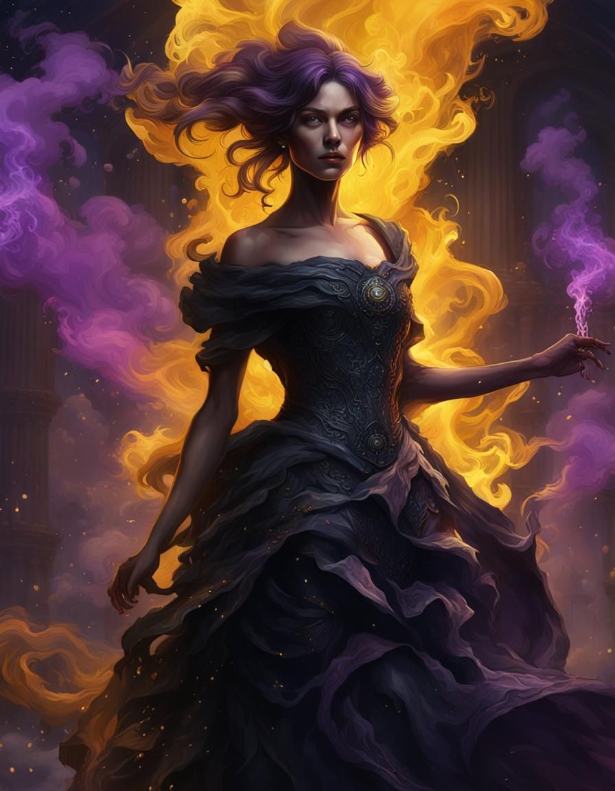 Ethereal Woman in Black Smoke Dress: Dark Fantasy Art