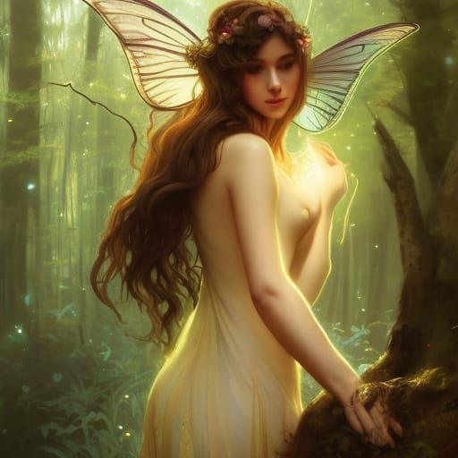 portrait of a beautiful fairy in the woods playing with fireflies