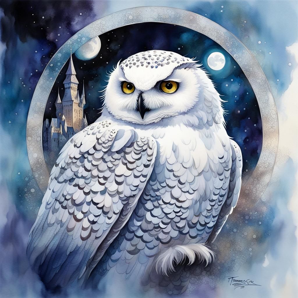 Hedwig Snowy Owl Portrait in Alcohol Ink Style