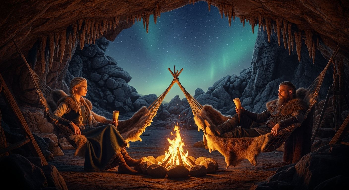 Viking Couple Relaxing in Cave with Mead and Hammocks