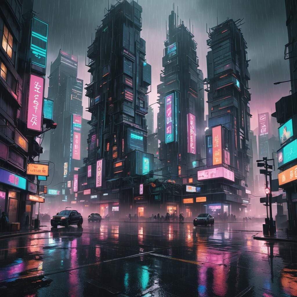 Dark Futuristic City in the Rain: Vaporwave Art