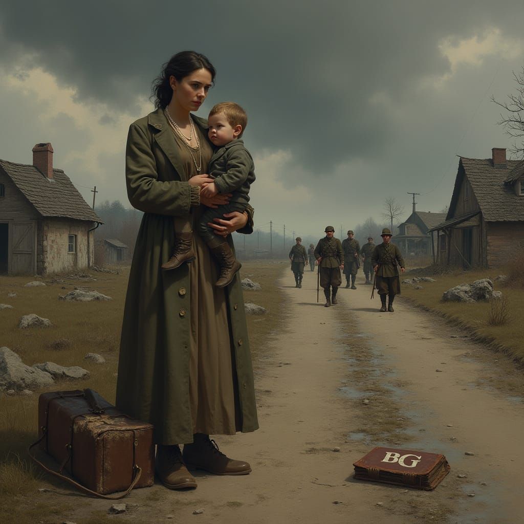 Uma paisagem rural devastada pela guerra, com os restos de casas destruídas espalhadas pelo campo. Uma mulher com um col...