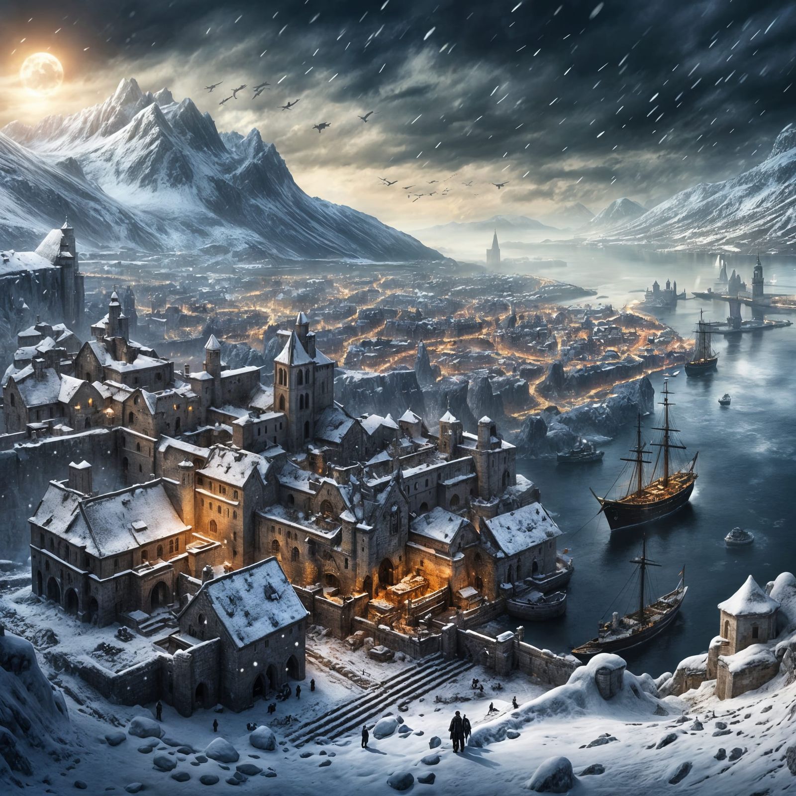 Snowy Croatian Port City in Dark Fantasy Style