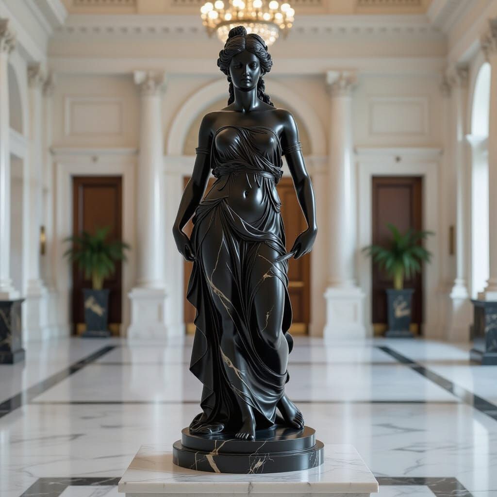 Golden Veined Black Marble Nymph Statue