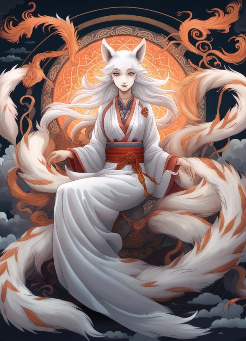 Kyūbi no Kitsune: White Fox Spirit in Vaporwave Style