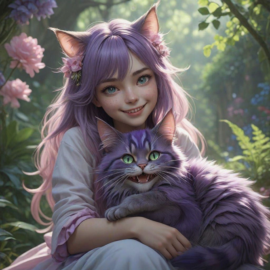 Dreamy Cheshire Cat Hugged by Tiny Women