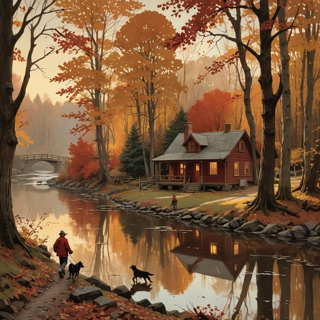Idyllic Autumnal Cottage Scene Inspired by Rockwell