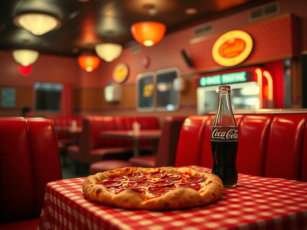 1950s Diner at Night with Pizza and Coke