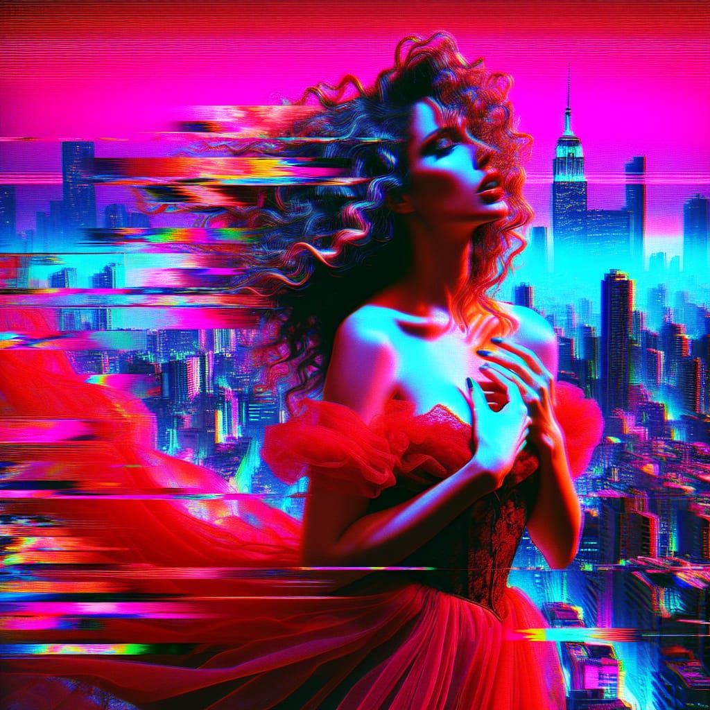 Glitchcore Woman in Red Dress with Cityscape