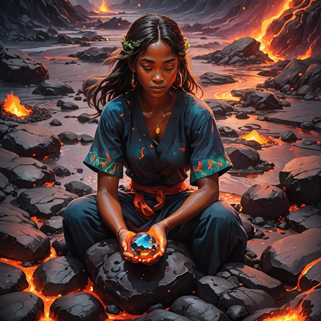 Tropical Girl with Glowing Pebble, Oil Painting Style