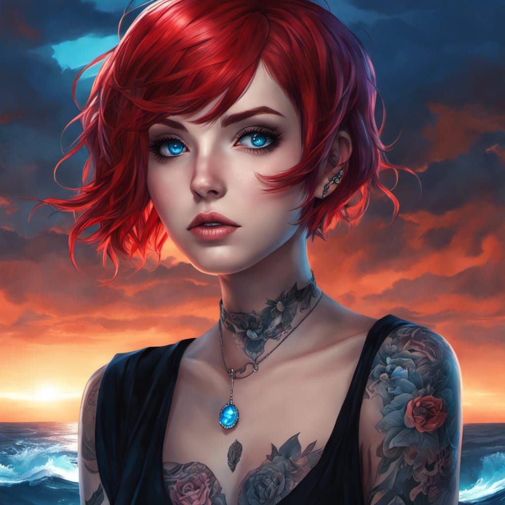 Anime Portrait: Cute Goth Woman with Red Hair