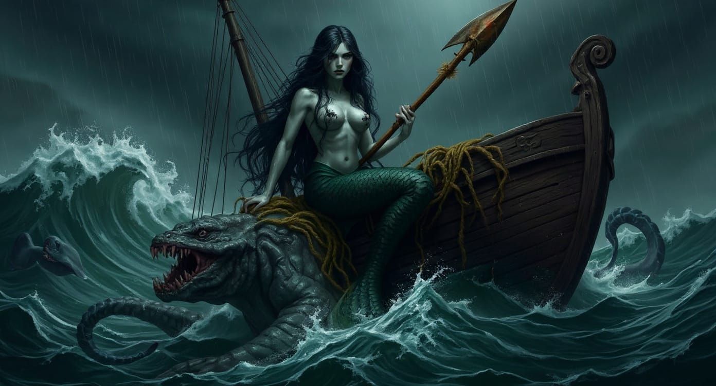 Sinister Mermaid with Spear on Sinking Ship