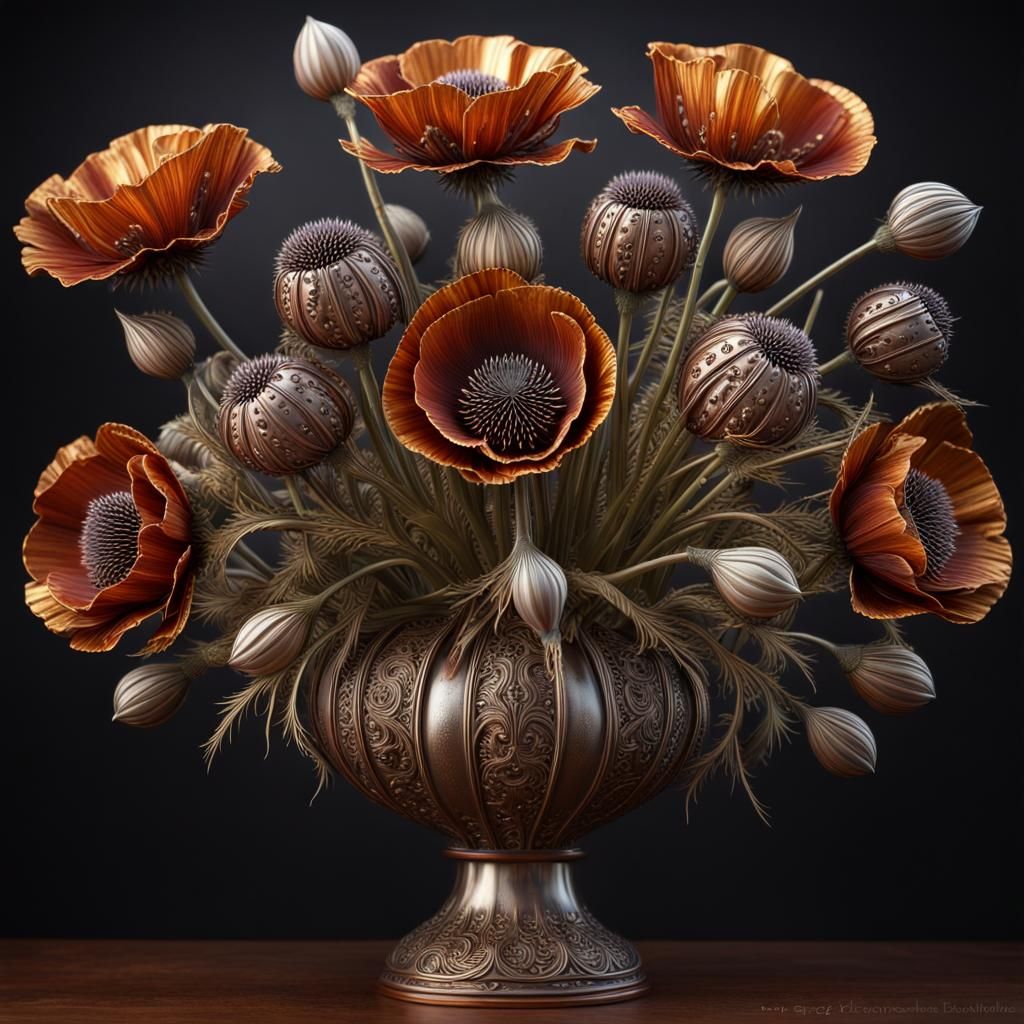 Metallic Floral Sculptures in Ornate Engine Vase