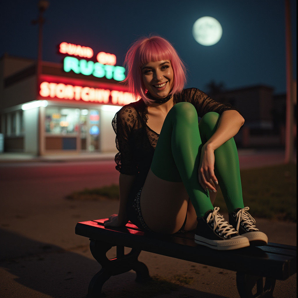 Goth Girl Lounging in Green Stockings: Cinematic Film Still