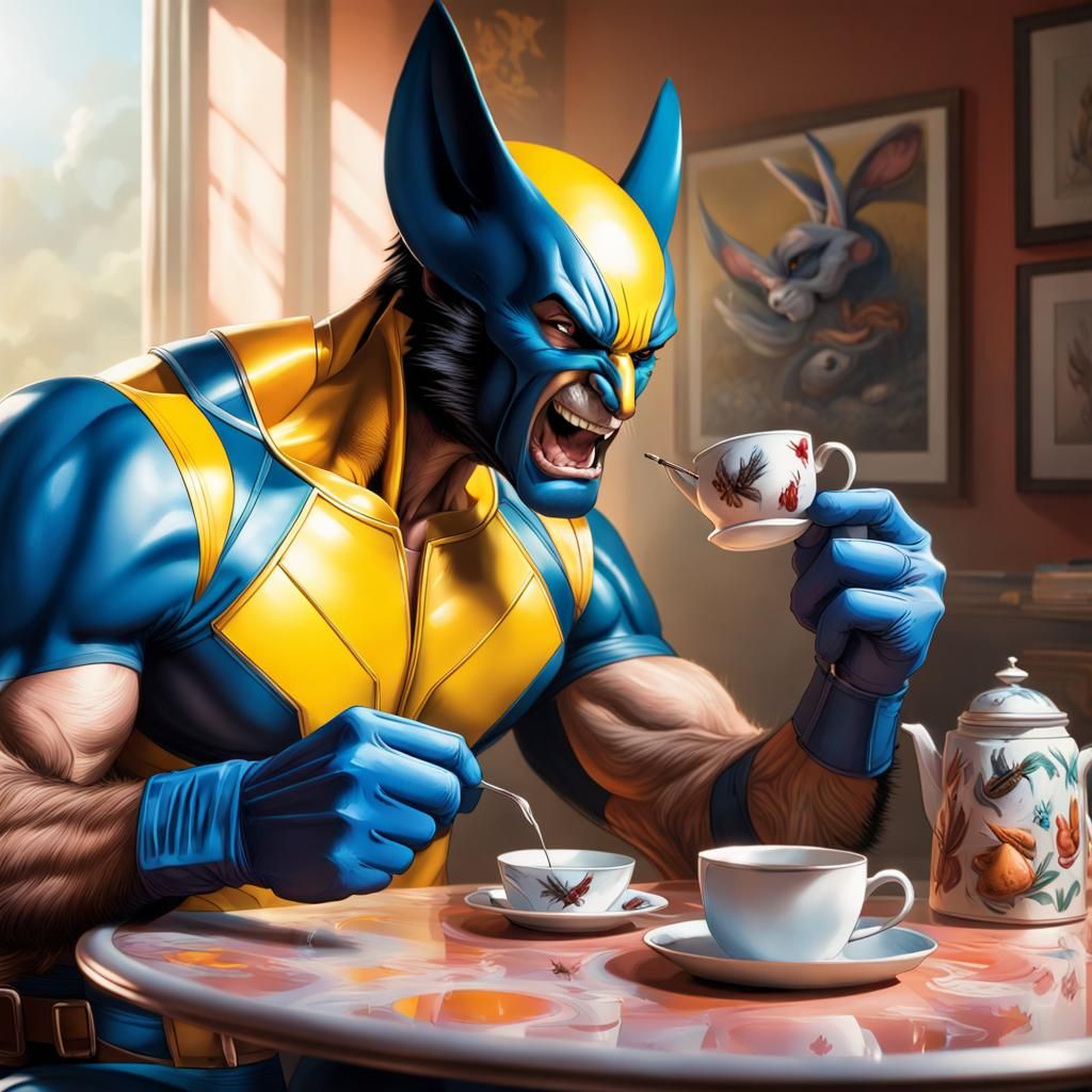 Wolverine and Bugs Bunny Tea Party, Hyperrealistic Art