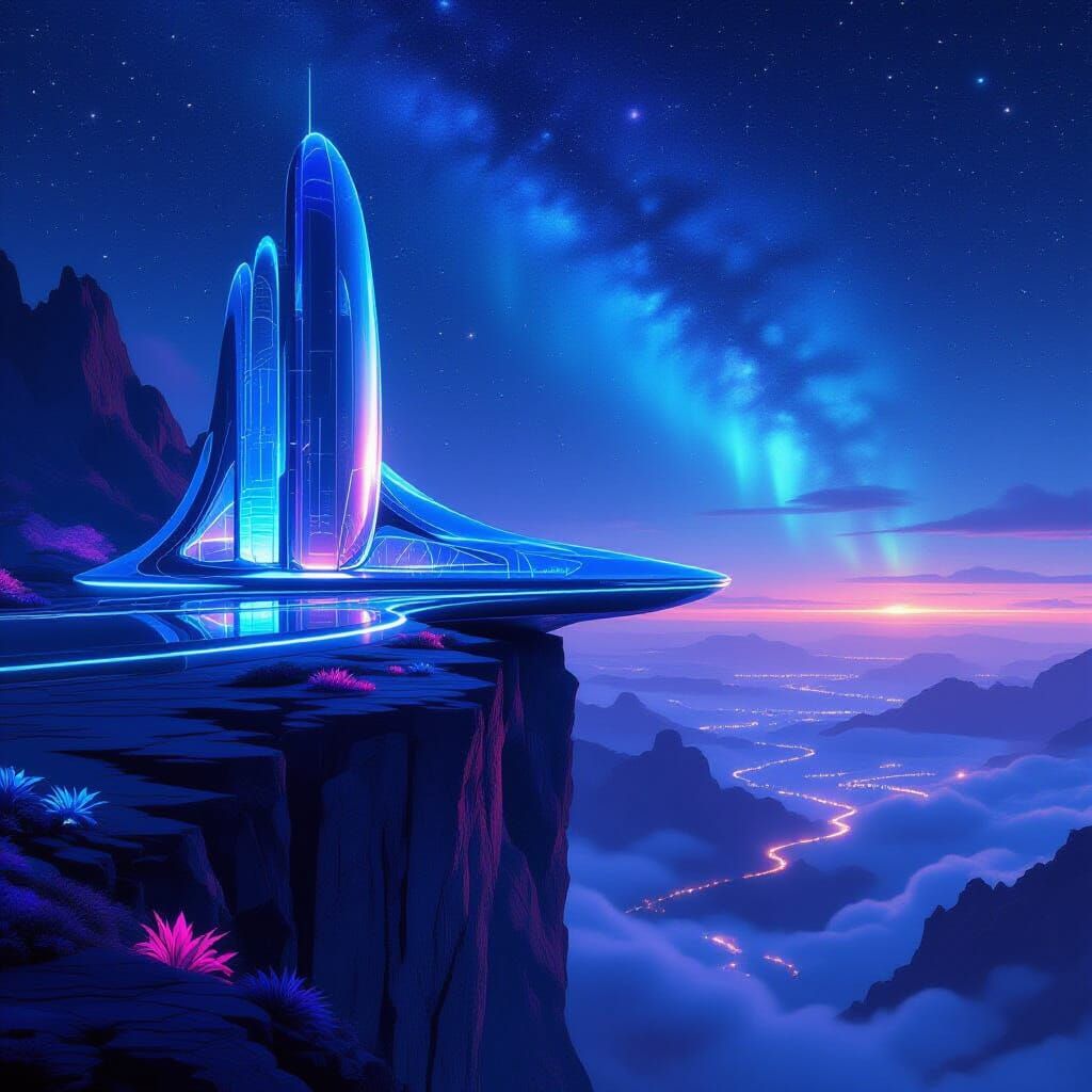 Futuristic Cliffside Structure Overlooking Glowing Valley