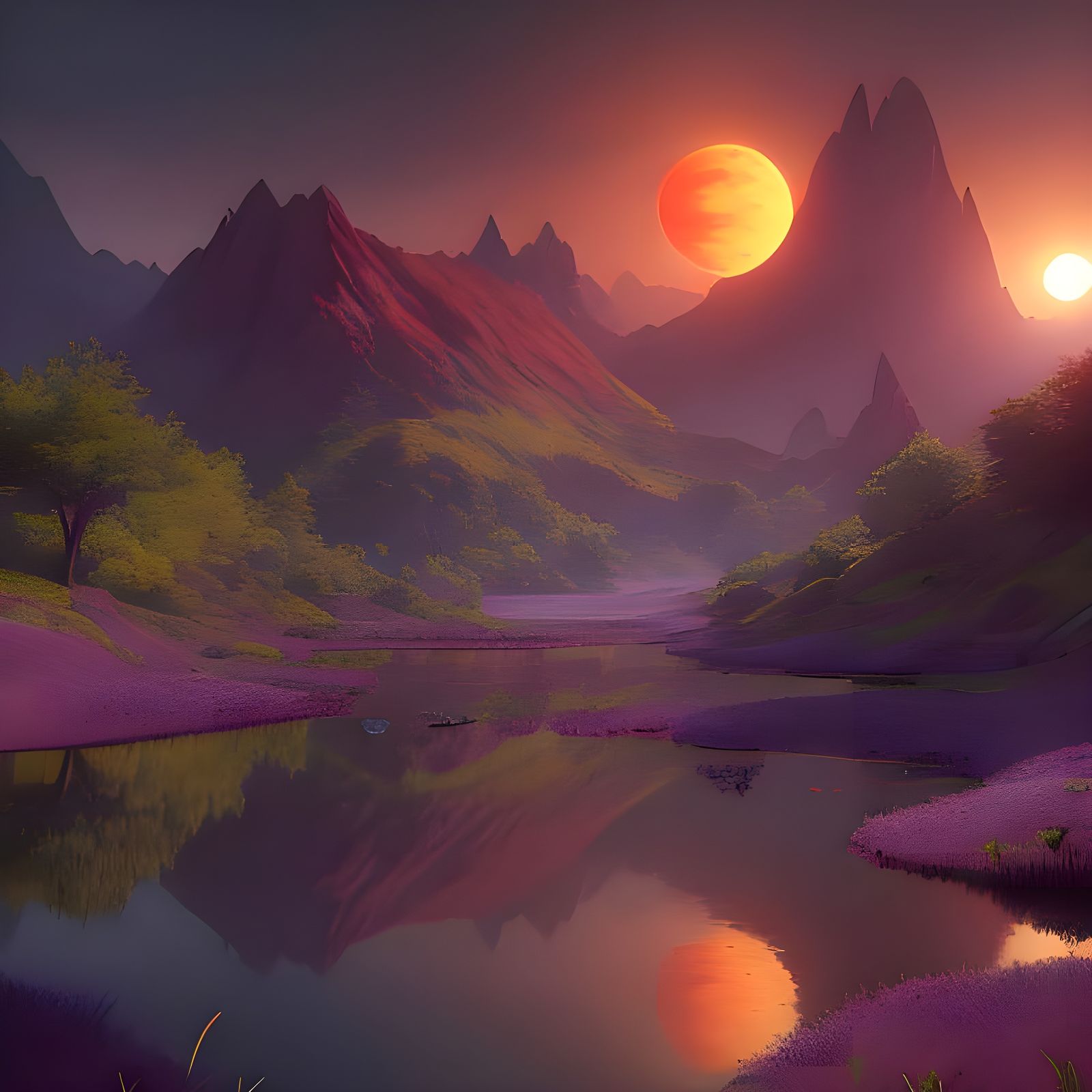 Red Sun Over Purple Hills and Green Pond