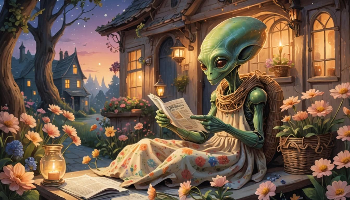 Cozy Alien Reading Newspaper in Whimsical Home
