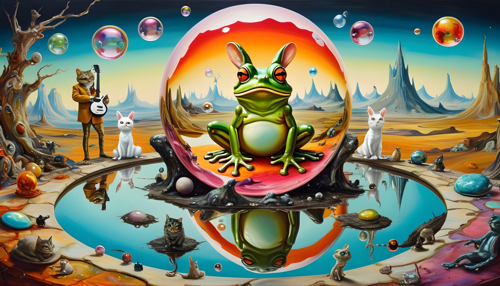Surreal Frog in Dreamlike Steampunk Landscape
